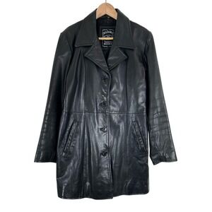 Vintage Jack Daniel's Black Long Leather Jacket Early 2000s Y2K Womens Size 44